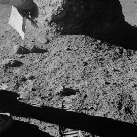 Close up, Image of the Rocky surface of the Apollo 14 Lunar Mission. Showing the texture and foot prints of the soil around the rock.
Source: https://www.history.nasa.gov/alsj/a14/images14.html#9234