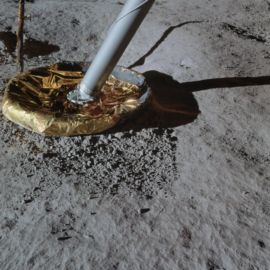 A closer picture on the Lunar Module Leg, showing the surface of the Moon's texture.
Source: https://www.history.nasa.gov/alsj/a14/images14.html#9234
